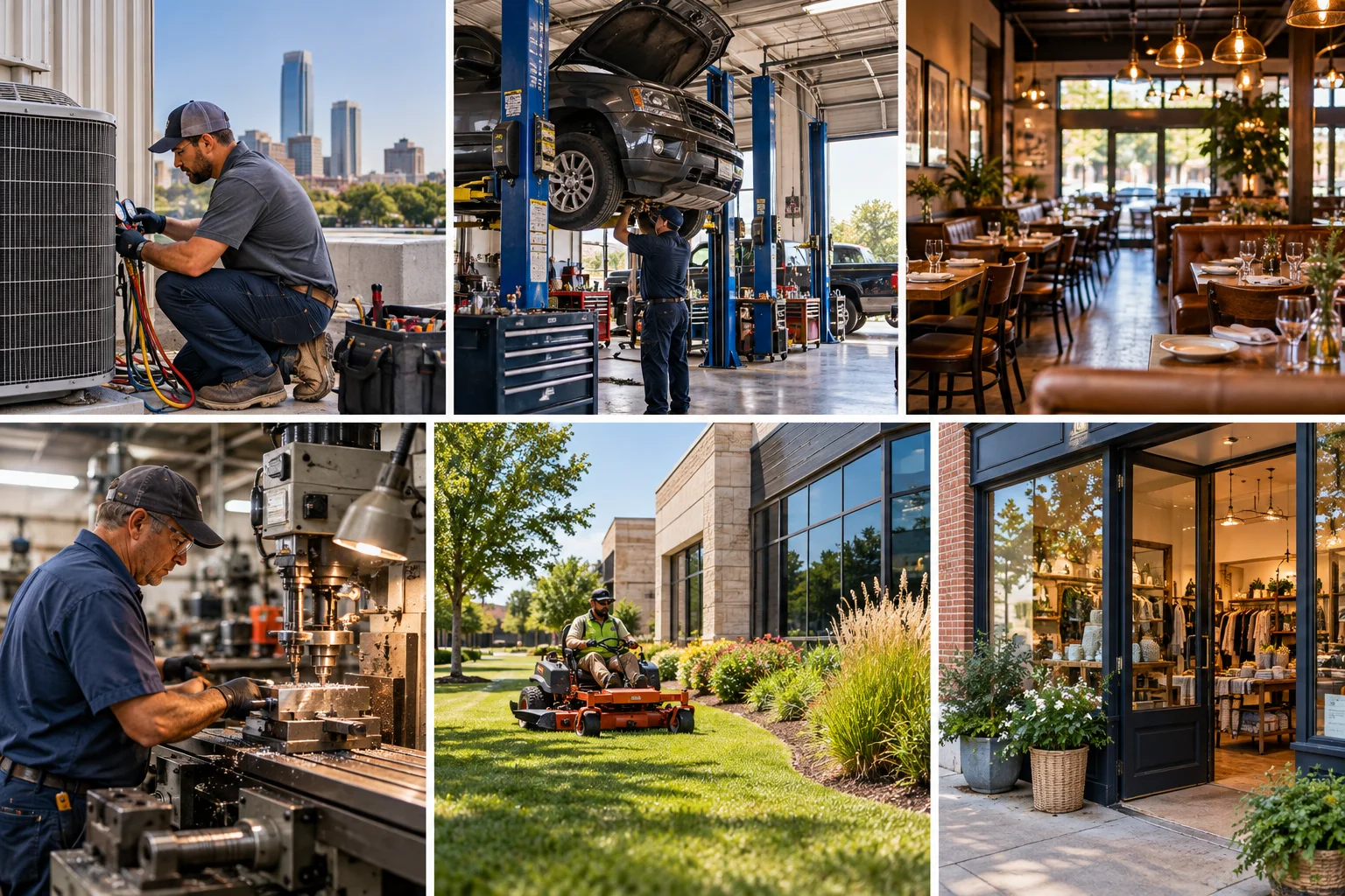 Illustrative collage of HVAC, auto repair, restaurant, manufacturing, landscaping and retail businesses